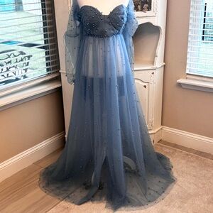 NEW Tulle Maternity Dress for Photoshoot Bridal Robe Dusty Blue NWOT Size L/XL